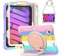 JZ Funda para iPad Mini 7 (A17 Pro)/ Mini 6th, Resistente antigolpes Heavy Duty con Soporte Giratorio 360°, asa y Correa para Hombro - Colourful Pink