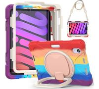 JZ Funda para iPad Mini 7 (A17 Pro)/ Mini 6th, Resistente antigolpes Heavy Duty con Soporte Giratorio 360°, asa y Correa para Hombro - Colourful Red