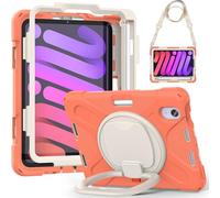 JZ Funda para iPad Mini 7 (A17 Pro)/ Mini 6th, Resistente antigolpes Heavy Duty con Soporte Giratorio 360°, asa y Correa para Hombro - Coral Orange