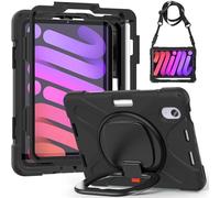 JZ Funda para iPad Mini 7 (A17 Pro)/ Mini 6th, Resistente antigolpes Heavy Duty con Soporte Giratorio 360°, asa y Correa para Hombro - Black