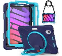 JZ Funda para iPad Mini 7 (A17 Pro)/ Mini 6th, Resistente antigolpes Heavy Duty con Soporte Giratorio 360°, asa y Correa para Hombro - Nary Blue&Blue