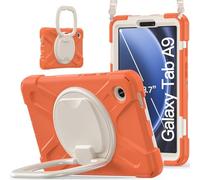 JZ Funda para Samsung Galaxy Tab A9, Resistente antigolpes Heavy Duty con Soporte Giratorio 360°, asa y Correa para Hombro - Coral Orange