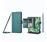 JZ Funda para TCL 40 SE con 9 ranuras para tarjetas y ventana para fotos, funda de cuero de primera calidad con función atril para teléfono, cordón ajustable y pulsera, color verde