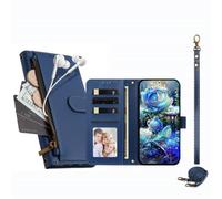 JZ Funda tipo cartera con cremallera para Motorola Signature 5G, color azul | Funda cruzada de cuero con tapa | bolsillo con cremallera | ranuras para tarjetas | correa de muñeca | soporte