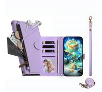 JZ Funda tipo cartera con cremallera para Poco C85x, color violeta | Funda cruzada de cuero con tapa | bolsillo con cremallera | ranuras para tarjetas | correa de muñeca | soporte