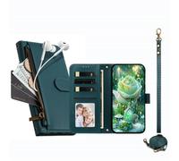JZ Funda tipo cartera con cremallera para RedMi A7 Pro, color verde | Funda cruzada de cuero con tapa | bolsillo con cremallera | ranuras para tarjetas | correa de muñeca | soporte