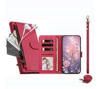 JZ Funda tipo cartera con cremallera para TCL NxtPaper 70 Pro, color rojo | Funda cruzada de cuero con tapa | bolsillo con cremallera | ranuras para tarjetas | correa de muñeca | soporte
