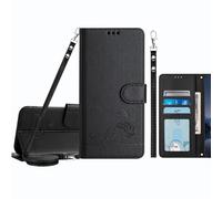 JZ Galaxy S26 Plus PU Leather Flip Cover Wallet Caso [Lazy Cat][Wrist & Neck Strap][Card Holder][Kickstand] para Samsung Galaxy S26 Plus Caso - Black