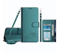 JZ Galaxy S26 Ultra PU Leather Flip Cover Wallet Caso [Lazy Cat][Wrist & Neck Strap][Card Holder][Kickstand] para Samsung Galaxy S26 Ultra Caso - Peacock Green