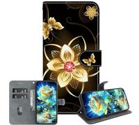 JZ Handmade Painted Wallet Caso para Moto E14/G04/G24/G04S,Diseño de Textura de Cristal con Soporte y Soporte de Tarjetas - Golden Flower