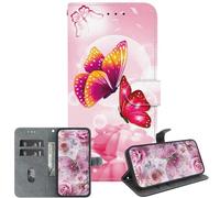JZ Handmade Painted Wallet Caso para Moto G9 Play / E7 Plus,Diseño de Textura de Cristal con Soporte y Soporte de Tarjetas - Pink Butterfly