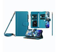 JZ Multi-Function Leather Cartera Caso para RedMi Note 10 / 10T 5G with 9 Card Slots, Zipper Purse, Bolso con Cremallera, Correa de muñeca y Hombro, Carga inalámbrica Compatible - Lake Blue