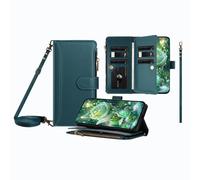 JZ Multi-Function Leather Wallet Caso para Samsung Galaxy S26 with 9 Card Slots, Zipper Purse, Wrist & Shoulder Strap, Clear Window, Carga inalámbrica Compatible - Dark Green