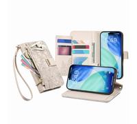 JZ Para iPhone 16e Lujoso PU Cuero Cartera teléfono Caso Flip Cover - combinación protección multifunción, Moda, portabilidad - Beige