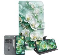 JZ Para Moto E7 Power Caso, Cartera Pintada Hecha a Mano de Textura de Cristal con Soporte de Tarjeta y Soporte - Jade Flower