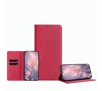 JZ Peony Embossed Wallet Case for iPhone 12 Mini, Leather Wallet Flip Cover丨RFID Blocking丨Kickstand丨Card Slots丨Protective Folio Shell for Women Girl - Red