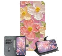 JZ PU Leather Caso para Xiaomi Poco M4 / M5 / RedMi 10 / Note 11R/11E Wallet Cover,Handmade Crystal Texture Painted Pattern with Kickstand & Card Holder - Pink Flower