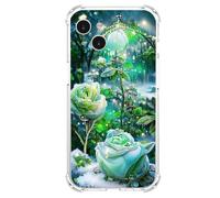 JZ TPU Caso para iPhone 15 Clear Case with Rose Design, Antiamarillecimiento, Anticaída, Carga inalámbrica Cubierta Compatible - Green