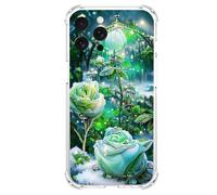 JZ TPU Caso para iPhone 15 Pro Clear Case with Rose Design, Antiamarillecimiento, Anticaída, Carga inalámbrica Cubierta Compatible - Green