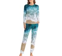 JZemdybill Conjunto de pijama de cuello redondo para mujer, bonito pijama de olas oceánicas para mujer, pijama con bolsillos, Hermosas olas del océano, M