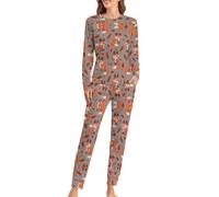 JZemdybill Conjunto de pijama de cuello redondo para mujer, bonito pijama de olas oceánicas para mujer, pijama con bolsillos, Fox de dibujos animados, 6XL