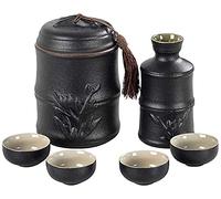 JZFOACHR Set de Sake Pottery Cerámica Negra Cerámica de 6 Piezas Set, Juego de Copa de Vino de 15 onzas, Calentador de Vino de arroz, Calentador de Vino Caliente, Estufa de Alcohol, 4 Tazas