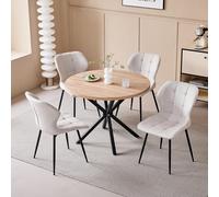 JZGORC Conjunto de Mesa y Sillas de Comedor Modernas, Mesa Redonda de 100 cm con veta de Madera Clara + Juego de 4 Sillas de Comedor de Lino Beige con Patas de Metal