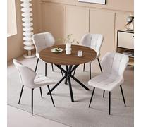 JZGORC Conjunto de Mesa y Sillas de Comedor Nórdicas, Mesa Redonda de 100 cm con veta de Madera Clara + Juego de 4 Sillas de Comedor de Lino Beige con Patas de Metal