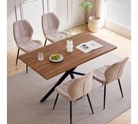 JZGORC de Conjunto de Comedor 140 x 78 x 77 cm con Mesa Rectangular de Madera, 4 Sillas de Respaldo Alto y Patas de Metal Lacado en Negro (Mesa Marrón Oscuro + Sillas Beige)