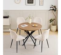 JZGORC Juego de Mesa y Sillas de Comedor, Mesa de Comedor Redonda de 100 * 100 * 76.5 cm y 4 Sillas Modernas de Teddy Fleece, para Comedor, Cocina, Sala de Estar, Textura Oscura + Beige