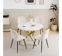 JZGORC Juego de Mesa y Sillas de Comedor, Mesa de Comedor Redonda de 100 * 100 * 76.5 cm y 4 Sillas Modernas de Teddy Fleece, para Comedor, Cocina, Sala de Estar, Color Mármol-GD + Beige