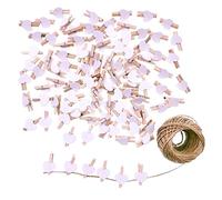 JZK 100 X Mini Pinzas de Foto de Madera Clips Corazon Blanco + 30m Cordel de Yute para Fiesta de Bodas Foto Titular de Tarjeta de decoración y Bricolaje Artesanal