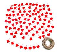 JZK 100 x Mini pinzas de madera con forma de corazón rojo, 3 cm + hilo de yute de 30 m para decoración de tarjetas y decoración de tarjetas, portafotos, bodas, fiestas