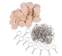JZK 100 x Rodajas de círculos de madera 3.5 cm con agujeros y llaveros para manualidades, discos de madera para pirograbado favores banquetes boda regalo decoraciones para árboles de navidad