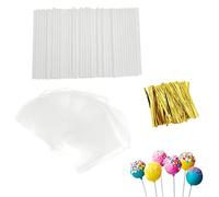 JZK 100x Blanco Palitos papel para piruletas 10cm palitos para cake pops palitos para pastel y bolsas y lazos giratorios, palitos para piruletas chocolate con bolsas celofán transparentes