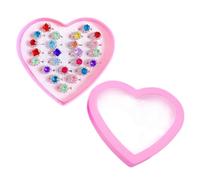 JZK 24 anillos de juguete ajustables con piedras preciosas artificiales para niñas de 3 a 10 años, joyas de vestir con caja de corazón, rellenos de bolsas de fiesta de princesa para niñas, regalo de