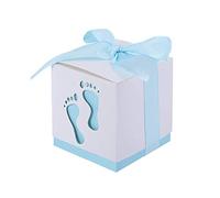 JZK 50 x Huella Azul Cajas Regalo Papel Baby Shower Cajas de Favor para niño Baby Shower niño cumpleaños Fiesta Bautizo Bautismo recién Nacido