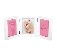 JZK Arcilla rosa marco de madera blanca kit de marco de fotos imagen de huella mano niña para bebé fiesta de recién nacido primera fiesta de cumpleaños 1 año ideas para baby shower