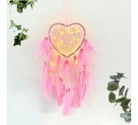 JZK Atrapasueños de corazón de encaje con luces para cumpleaños de niñas y mujeres, atrapasueños de plumas rosas con luces LED para decoración de dormitorio de bebé, adorno colgante de pared, regalo
