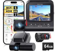 Jzones Dashcam con Tarjeta SD 64G, Cámara Coche 4K + 1080P + 1080P Delantera y Trasera Triple con GPS y WiFi, Dash CAM con Visión Nocturna, G-Sensor, Modo de Parada Las 24 Horas, Control App (Negro)