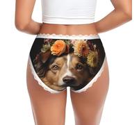 JZQZH Ropa interior de encaje para mujer, cómoda, ligera, transpirable, elástica, con diseño único de perro y niña con estampado de flores, Blanco, S