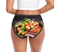 JZQZH Ropa interior de encaje para mujer, cómoda, ligera, transpirable, elástica, con diseño único y delicioso estampado de carne a la parrilla, Negro, XL