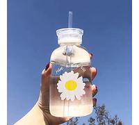 JZSMY Botella de agua de jugo de leche de 480 ml con escala, 2 tapas, diseño de margarita pequeña, mate, portátil, transparente, botella de vidrio creativa y práctica (transparente, 1 flor)