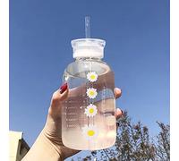 JZSMY Botella de agua de jugo de leche de 480 ml con escala, 2 tapas, diseño de margarita pequeña, mate, portátil, transparente, botella de hierba, taza creativa práctica (cuatro flores)