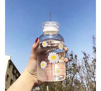 JZSMY Botella de agua de jugo de leche de 480 ml con escala, 2 tapas, diseño de margarita pequeña, mate, portátil, transparente, botella de vidrio creativa y práctica (6 flores transparentes)