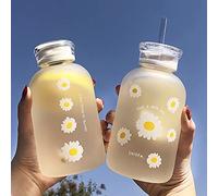 JZSMY Botella de agua de jugo de leche de 480 ml con escala, 2 tapas, pequeña margarita, mate, portátil, transparente, botella de vidrio creativa y práctica (1 unidad, seis flores)