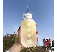 JZSMY Botella de agua de jugo de leche de 480 ml con escala, 2 tapas, taza de agua portátil mate con margarita, botella de hierba creativa y práctica (4 flores)