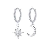 JZWCHQ 925 Pendimiento de Luna de Estrella de Plata esterlina de Plata, Pendientes Colgantes asimétricos de circonia cúbica, aretes de Lujo Huggie Hoop para Mujeres