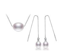 JZWCHQ Accesorios 925 Juego de joyas de plata esterlina Collares de perlas de agua dulce Pendientes de arroz de 7-8 mm Pearas naturales para N 45 cm