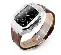 JZWCHQ Kit de modificación de lujo Caja de metal+Correa de cuero para banda de 44 mm de 45 mm Banda de reloj de brazalete para iWatch7 6 SE 45 mm Correas